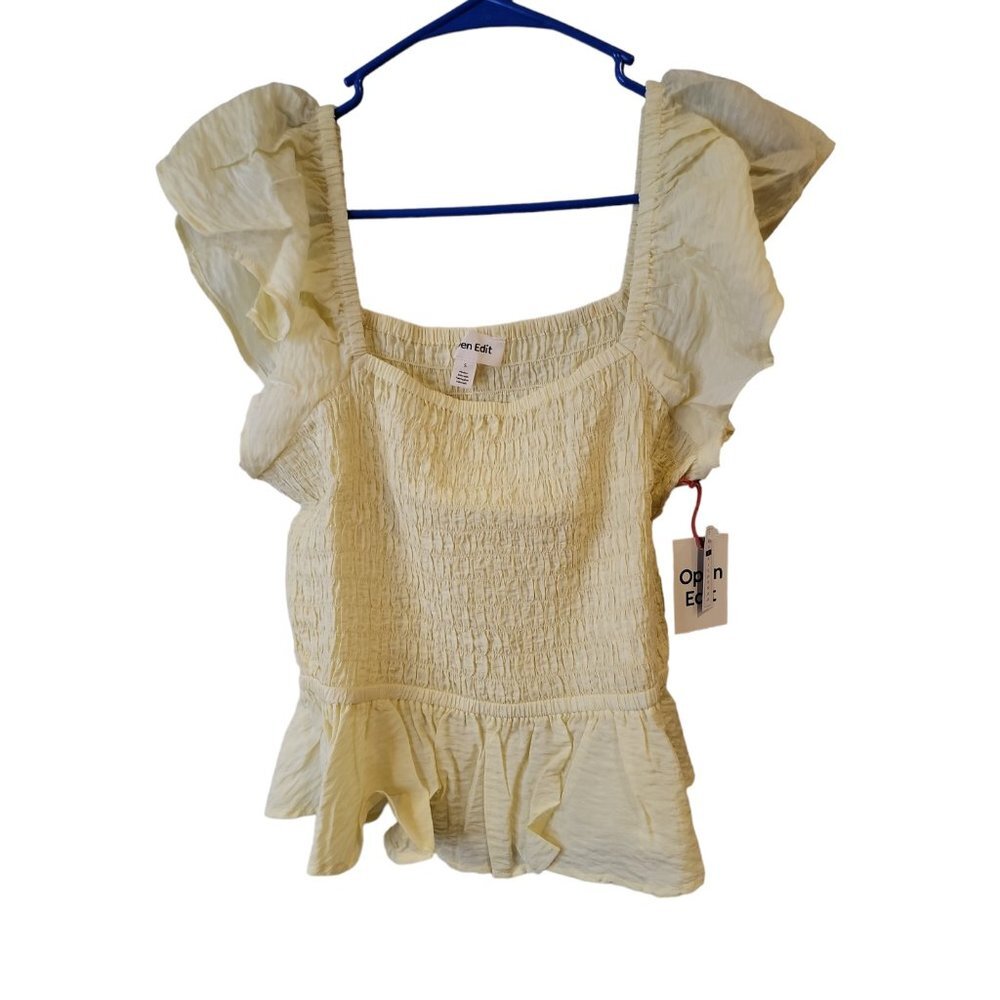 Open Edit Size Small Womens Top Yellow Smocked Ruffle Sleeve Shirt NWT
